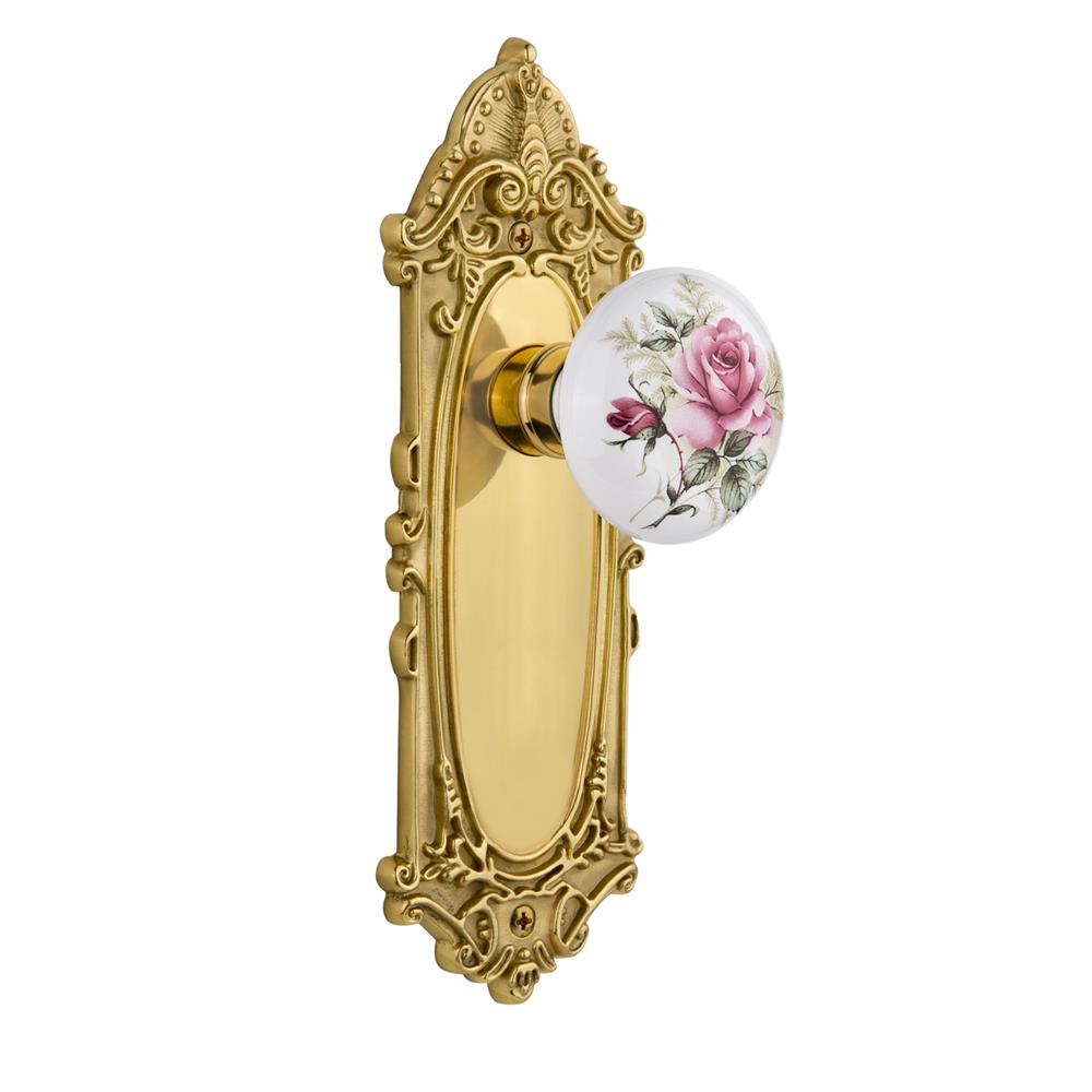 Nostalgic Warehouse VICROS Passage Knob Victorian Plate with Rose Porcelain Knob without keyhole in Polished Brass